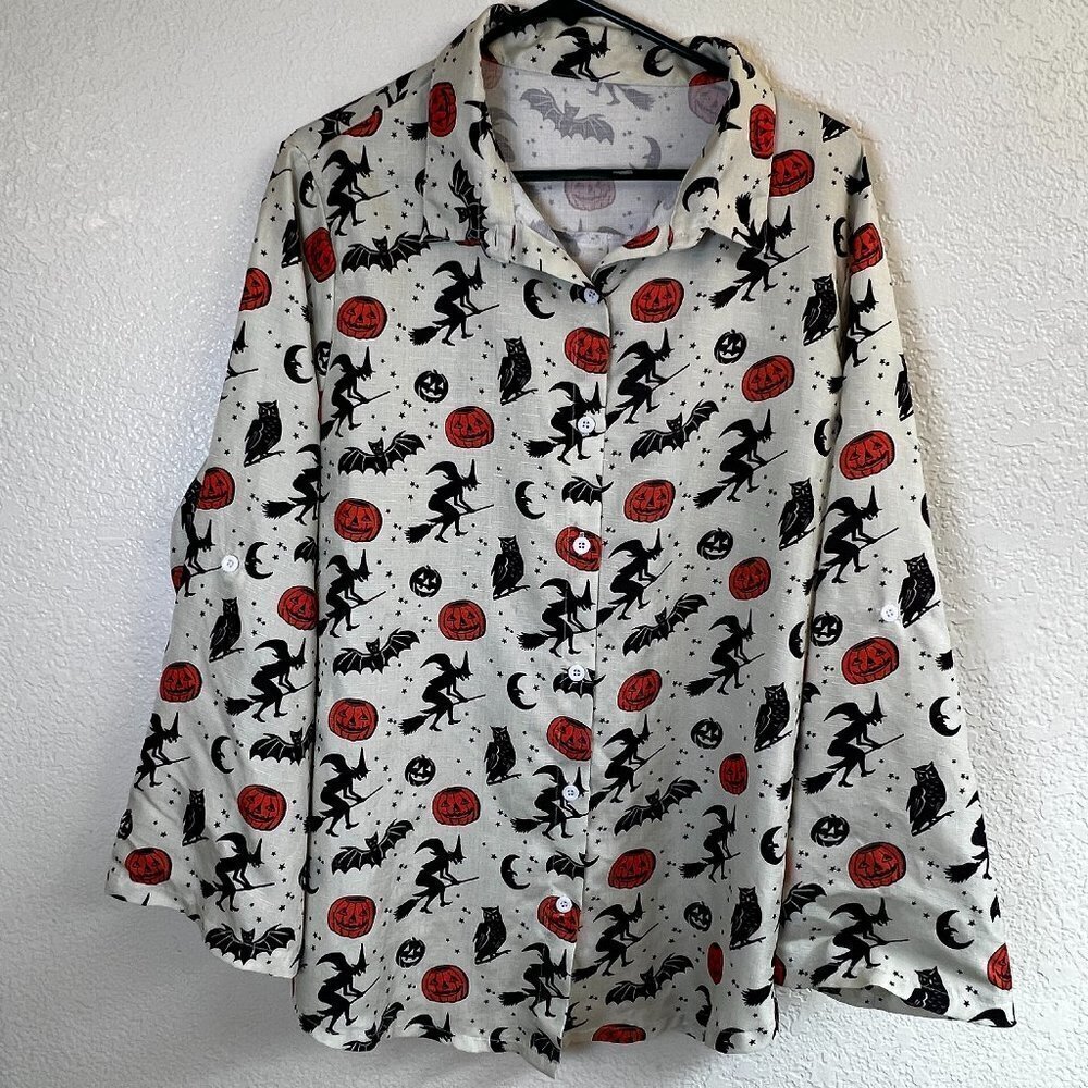 Emery Rose Halloween Witches Pumpkins Bats Button Down Shirt 2XL Plus Size